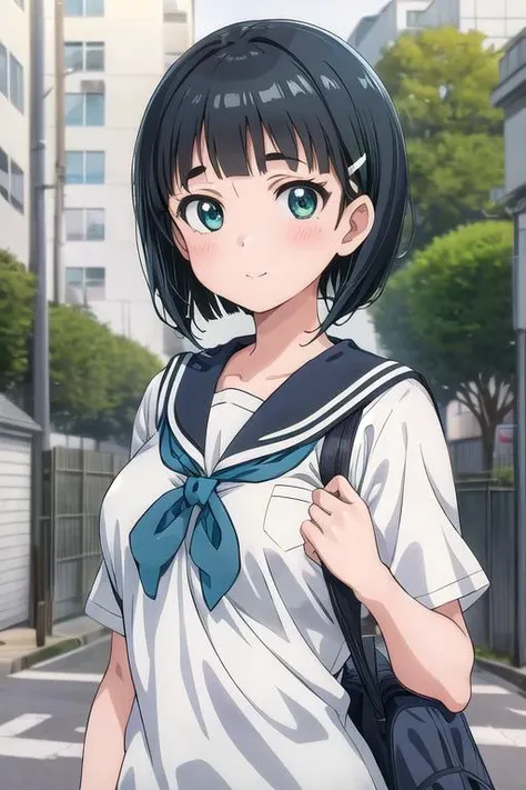 (masterpiece), best quality, expressive eyes, perfect face, school uniform, smile, neckerchief, outdoors, red neckerchief, bag, looking at viewer, blurry, upper body, serafuku, tree, sailor collar, long sleeves, white sailor collar, school bag, blurry background, black hair, closed mouth, shirt, depth of field, sunlight, sunset, pov, solo focus, grey shirt, harukachan, <lora:810acdd2-ae02-487d-950d-ee96ff33ca97:0.7>