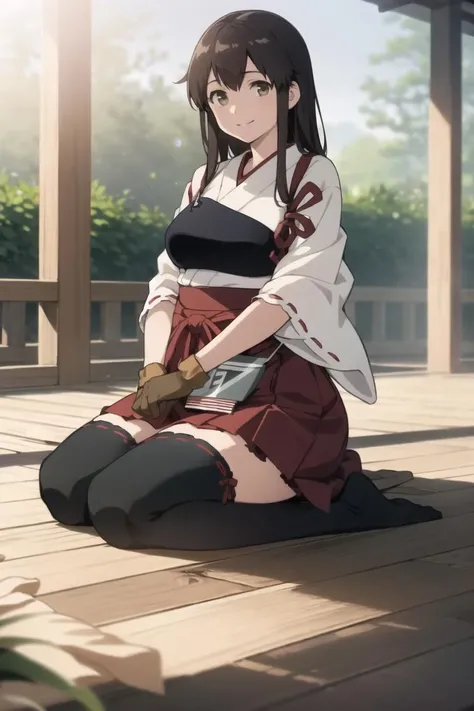 masterpiece, best quality,
1girl, solo,
<lora:akagi_(kancolle)_v1:0.8>aaakagi,
long hair, japanese clothes, muneate, single glove, ribbon trim, hakama skirt, red hakama, black thighhighs,
<lora:DDTrueKneeling_V1:0.6>Kneeling, from front, smile, garden_view, lens_flare, depth of field,  sitting, looking at viewer, wooden floor,