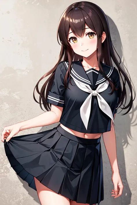 masterpiece, best quality, highres, aaakagi, long hair, black serafuku, black sailor collar, white neckerchief, black shirt, short sleeves, pleated skirt, black skirt, <lora:akagi_(kancolle)_v1:0.8>, cowboy shot, standing, smile