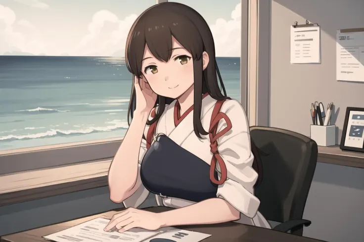 masterpiece, best quality,
1girl, solo,
sitting, office, desk, smile, upper body, sea_view,
<lora:akagi_(kancolle)_v1:1>aaakagi, mature female,
long hair, japanese clothes, muneate, single glove, ribbon trim,, <lora:sibafu_lora_v1-000005:0.9:lbw=FACE>