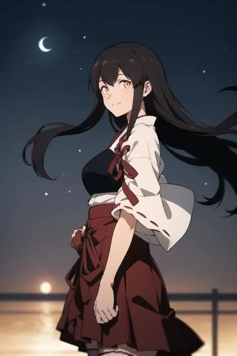 masterpiece, best quality,
1girl, solo,
<lora:akagi_(kancolle)_v1:0.9>aaakagi,
long hair, japanese clothes, muneate, single glove, ribbon trim,hakama skirt, red hakama, black thighhighs,
cowboy_shot,  view from side, looking at viewer, smile,
dark night, night_sky, depth of field, (glowing eyes), sea, horizon, wind,