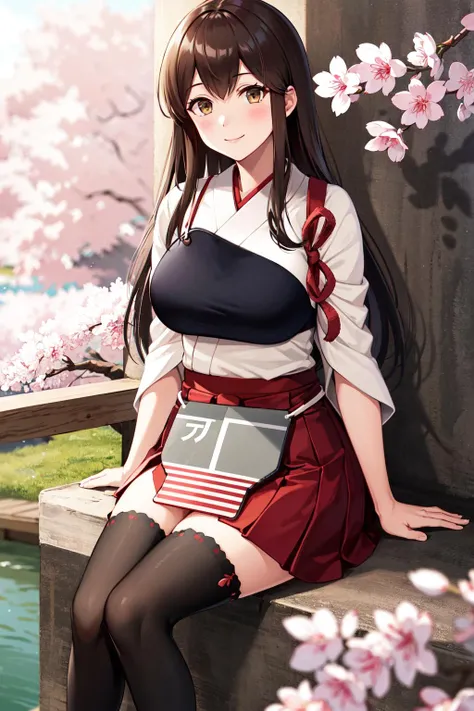 masterpiece, best quality, highres, aaakagi, long hair, japanese clothes, muneate, single glove, ribbon trim, hakama skirt, red hakama, black thighhighs, <lora:akagi_(kancolle)_v1:0.8>, sitting, cherry blossoms, smile,