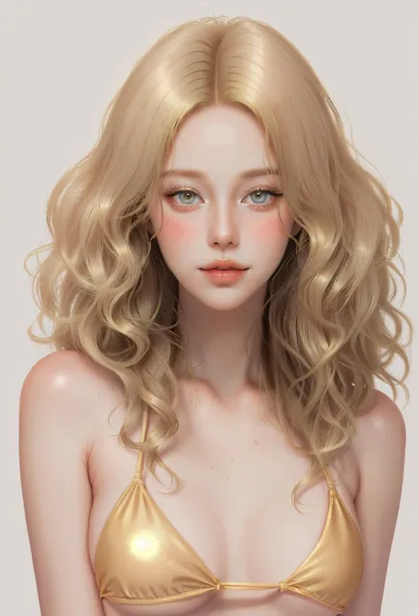 woman, medium length hair, blonde, gold, mellow, soft, smooth, haze, glow, (wavy hair:1.1), (curls:0.4), bikini model, 30 years old, makeup, product photo, simple background