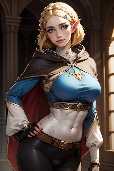 (realistic:1.5), beautiful futanari, mature, age 21, (small , :1.4), (precum drip:1.3), (:1.0), ( on :1.1), head tilt, small demure smile, (slim, slender, skinny:0.9), narrow , slender thighs, , mocking, clothing aside, highly detailed background, (OverallDetail:1.1), EyeDetail, fFaceDetail, fHandDetail, HairDetail, looking at viewer, , , flushed cheeks, blush, after  glow,  princess_zelda_aiwaifu, aiwaifu, small ears, pointy ears, braid, hair ornament, hairclip, gloves, fingerless gloves, blue shirt, shirt, long sleeves, crown braid, bangs, pants, black gloves, green eyes, parted bangs, black pants, blonde hair, short hair, long hair, cape, sidelocks, hood, thick eyebrows, jewelry, hooded cape, belt, tight pants, tight, , puffy sleeves, <lora:GAME_princess_zelda_aiwaifu-10:0.7>