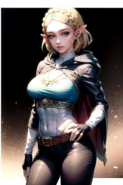 masterpiece, best quality,upper body, solo,princess_zelda_aiwaifu,aiwaifu,pointy ears,braid,hair ornament,hairclip,gloves,fingerless gloves,blue shirt,shirt,long sleeves,crown braid,bangs,pants,black gloves,green eyes,parted bangs,black pants,short hair,long hair,cape,sidelocks,hood,thick eyebrows,jewelry,hooded cape,belt,tight pants,tight,large breasts,puffy sleeves, realistic, photo-realistic,specular details,ultra-detailed, highly detailed, well defined objects, 8k uhd, dslr, soft lighting, high quality, Fujifilm XT3, (high detailed skin:0.3), (absurdres, highres, incredibly_absurdres:0.2),(scenery,sidelighting,masterpiece:0.5),