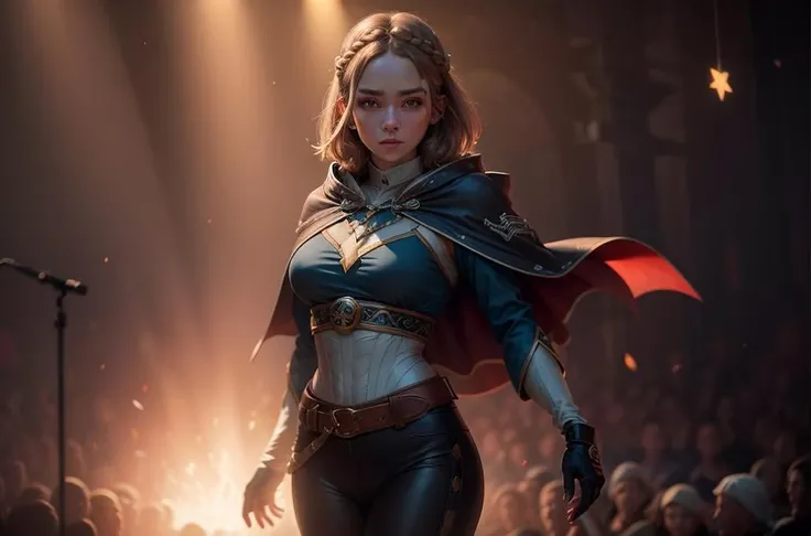 ((best quality)), ((masterpiece)), ((realistic)), solo, full body, High contrast, dim environment, bright lights, 1girl, standing in the center of the stage, spotlight hit her, ((floating stars)),princess_zelda_aiwaifu,aiwaifu,pointy ears,braid,hair ornament,hairclip,gloves,fingerless gloves,blue shirt,shirt,long sleeves,crown braid,bangs,pants,black gloves,green eyes,parted bangs,black pants,short hair,long hair,cape,sidelocks,hood,thick eyebrows,jewelry,hooded cape,belt,tight pants,tight,large breasts,puffy sleeves, realistic, photo-realistic,specular details,ultra-detailed, highly detailed, well defined objects, 8k uhd, dslr, soft lighting, high quality, Fujifilm XT3, (high detailed skin:0.3), (absurdres, highres, incredibly_absurdres:0.2),(scenery,sidelighting,masterpiece:0.5),