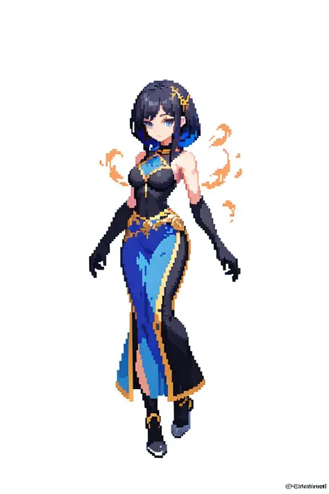 (masterpiece、top-quality、top-quality)、pixels、Pixel art、Long dark blue bob hair、Pale yellow eyes、One girl、((Black high-leg costume exposing obscene breasts))、full body Esbian、huge-breasted、痴女