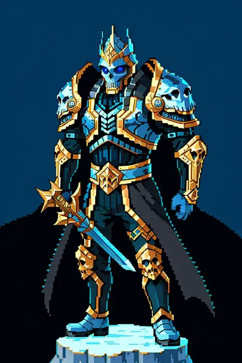 best quality, (intricate details:1.3), hyper detail, finely detailed, colorful, 8k uhd, film grain,((full body)),1boy, wowdk, glowing blue eyes, skull armor, cape, helmet, planted sword, glowing weapon, snow, ice, night, athletic, volumetric lighting, best quality, masterpiece, realistic,pixel