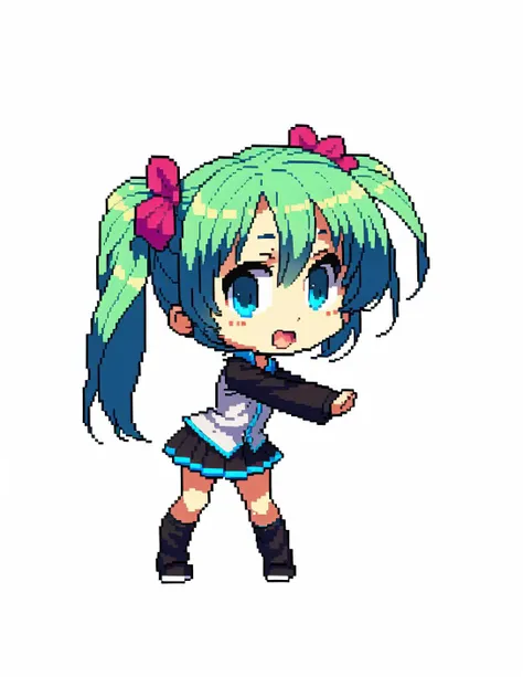 <lora:mPixel_v10:0.5> pixel, best quality, masterpiece,  <lora:komowataHarukaChibiArt_v20:1> chibi, hatsune miku, blue hair, looking at camera