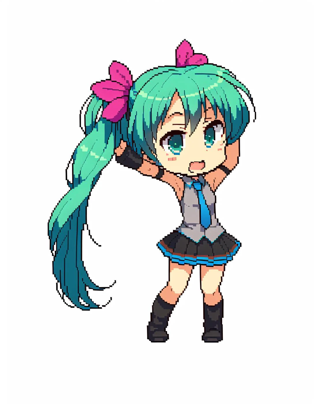 <lora:mPixel_v10:0.5> pixel, best quality, masterpiece, <lora:komowataHarukaChibiArt_v20:1> chibi, hatsune miku, blue hair, skirt, aqua necktie, grey shirt, detached sleeveless, from front, very long hair, full image