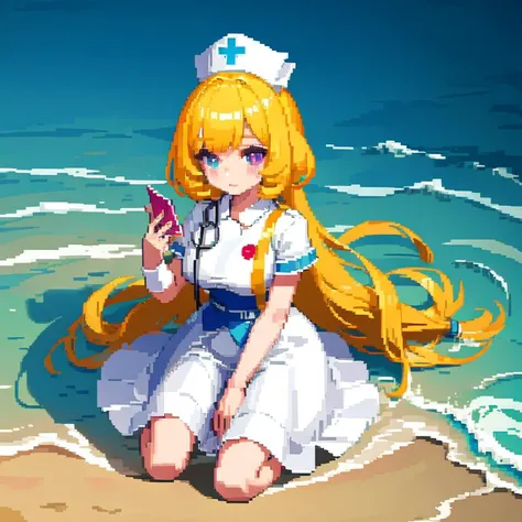best quality ,masterpiece, pixel,an extremely delicate and beautiful, extremely detailed , Amazing, finely detail, masterpiece,best quality,official art,absurdres, incredibly absurdres, huge filesize , ultra-detailed, highres, extremely detailed,beautiful detailed girl, extremely detailed eyes and face, beautiful detailed eyes,light on face,(masterpiece, top quality, best quality), pixel art,1girl,the holiday beach,nurse, <lora:mPixel_v20PixelStyle:0.5>