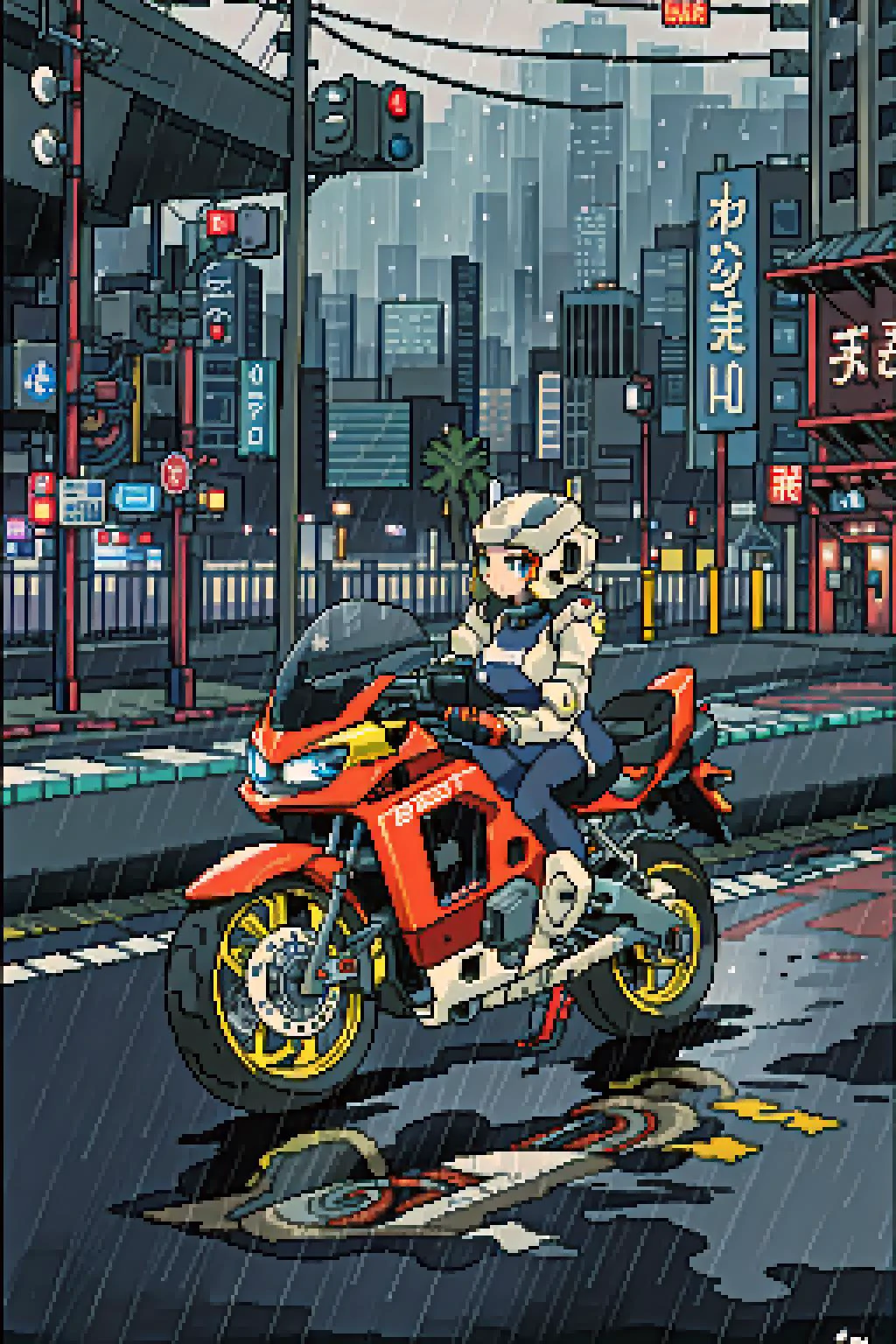 1girl, dress, jacket, rain, ground vehicle, mecha, motor vehicle, motorcycle, on motorcycle, vehicle focus, wheel, night, road, street, rain, city, puddles, <lora:waifu_on_Motorcycle_v2:0.8>, Masterpiece, best quality , pixel, pixelart <lora:pixel_f2:0.5>