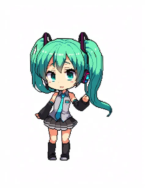 <lora:mPixel_v10:0.5> pixel, best quality, masterpiece, <lora:komowataHarukaChibiArt_v20:1> chibi, hatsune miku, blue hair, skirt, aqua necktie, grey shirt, detached sleeveless, from front