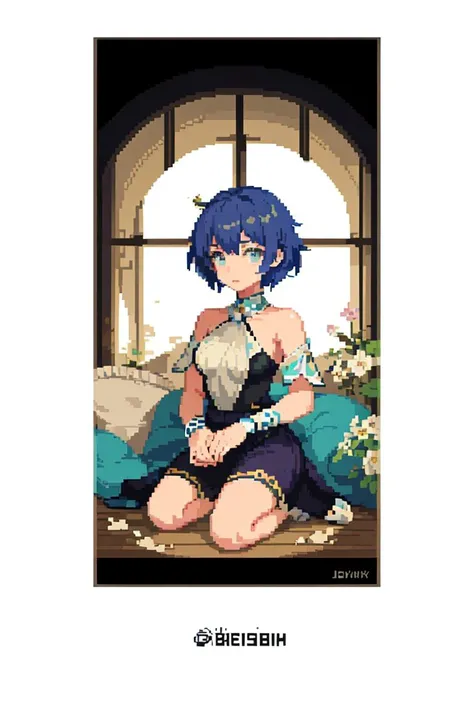 score_9, score_8_up, score_7_up, rating_safe, 1girl, solo, Pixel_Art,
Re:Zero, Rem, bleu eyes, bleu hair, short hair, side bangs, large breasts, revealing clothing, harem outfit, collarbone, backless, topless, cross halter, necklace, loose sleeves, bracelet, bare shoulders, belly button , hip vent, harem pants, cowboy shot, v, raise hand, look at viewer, simple background, bleu background, heart background, blush, naughty face, smile, half-closed eyes, nude, very ?????