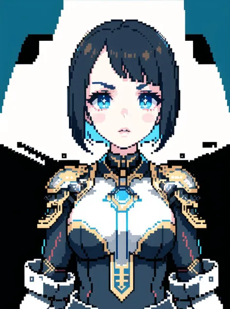 ((ukrainian girl)),(((masterpiece))), best quality, highly detailed, intricate detail, very beautiful pink lips, 14 years old,colorful eye shadow, (uniform), (Mechanical body), Mechanical biomimetics bionics neck, (Ornate [armor: (Blue and white porcelain):2] decorated with Metal lines),Circuit board, cinematic lighting((pixel art)), pixel, <lora:mPixel_v30MordenPixel:0.5>