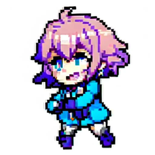 <lora:pixel_f2:1> emoji, simple background, 1 boy, solo, full body, white skin, outline, laugh, calm, standing, friendly emotion, (pink hair), curly hair, blue eyes, short hairs,  purple , white gloves, purple left earring