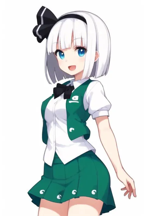 masterpiece, best quality, (white background, simple background:1.5), 1girl, (konpaku youmu:1.1), white hair, short hair, blue eyes, green vest, green miniskirt, white shirt, looking at viewer, medium breasts, cowboy shot, :D , <lora:pixel_f2:0.3>