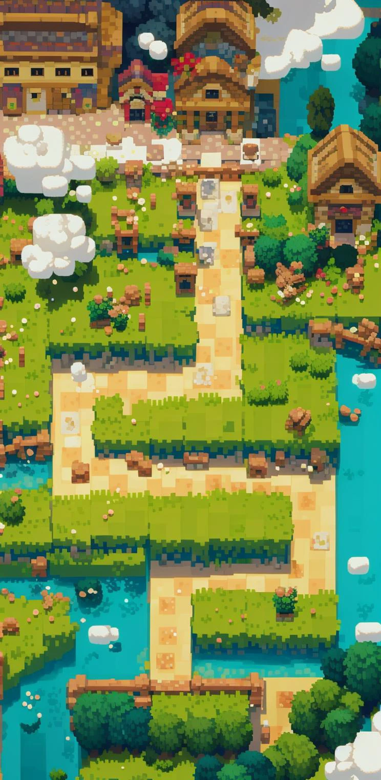 (masterpiece, top quality, best quality), pixel,pixel art, tree, outdoors, no humans, grass, scenery, day, flower, bush, pond, cloud, rock, nature, buliding, fence, clay pot, wooden house,<lora:toon2:1:MIDD> <lora:pixel_f2:0.5:AUTOALL>