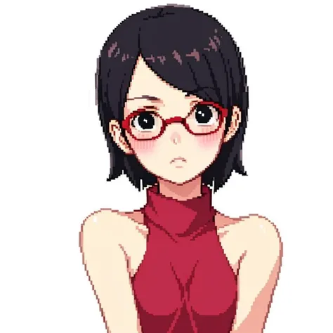 masterpiece, highest quality, best quality, 1girl, solo, looking at viewer,
uchiha sarada, bare shoulders, black eyes, black hair, blush, red framed glasses, short hair, <lora:my_UchihaSarada_v2:0.5>
pixel <lora:pixel_f2:0.5>