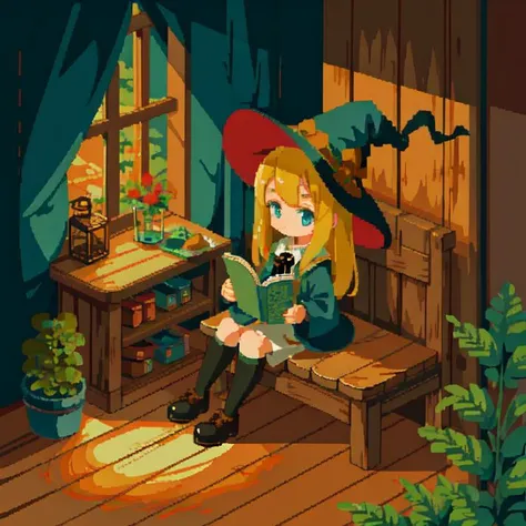 a girl,Witch,In the cabin,Small wooden table,sitting on a wooden chair,Reading,potted plant,Magic Hat,Magic Wand,forest,<lora:pixel_f2:0.5>,