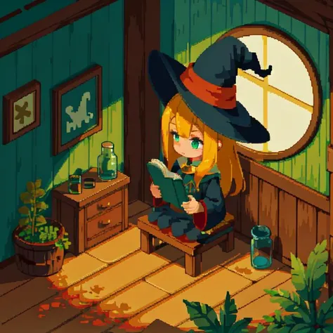 a girl,Witch,In the cabin,Small wooden table,sitting on a wooden chair,Reading,potted plant,Magic Hat,Magic Wand,forest,<lora:pixel_f2:0.5>,
