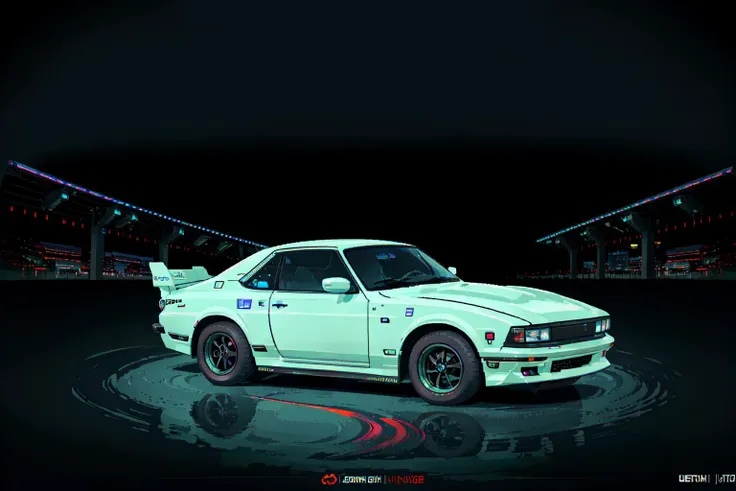 black iridescent,best quality,<lora:pixel_f2:0.4>,car,(night:1),tokyo,neon lights,(nissan fairlady:1.3),