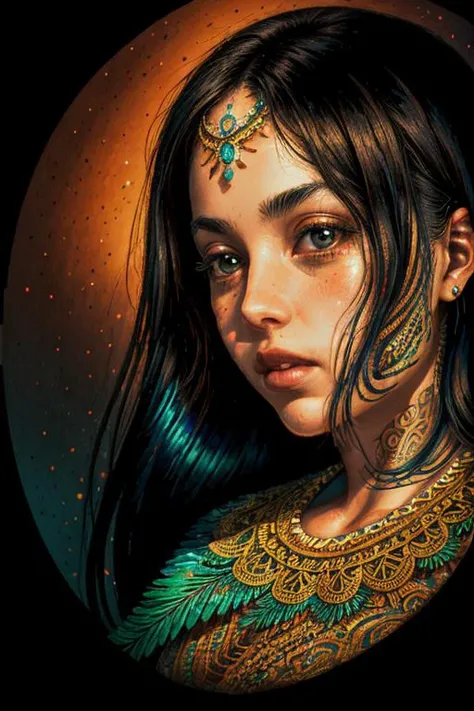 best quality, adventurous, absurdres, ((intricate details)), masterpiece, (good hands:0.8), <lora:pixel_f2:0.5>, (masterpiece), outdoor atmosphere, simple, {highres}, <lora:add_detail:0.4>, explosions, long straight black hair, high resolution, particles, in panoramic landscape with pattern at high noon, fish pool, upper body, zentangle, long legs, creativity, 1girl, physically-based rendering, (luminescence:1.3), thick outlines, concept art, lips, jenny saville, foliage, (ultrarealistic:1.3), mystifying, a portrait photo of a black girl