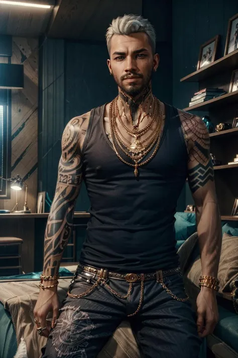 KerryEuro, 1boy, jewelry, male focus, solo, ring, facial hair, tattoo, necklace, dark skin, beard, dark-skinned male, looking at viewer, upper body, earrings, tank top, realistic, arm tattoo, indoors
masterpiece, best quality,
<lora:add_detail:0.7>,<lora:epi_noiseoffset2:1>,   <lora:KerryEuro:0.7>
