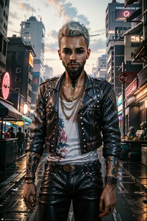 (masterpiece, best quality:1.3)
<lora:epi_noiseoffset2:1> <lora:add_detail:0.5> <lora:KerryEurodyneCyber:0.8>
KerryEurodyneCyber, 1boy, solo, white hair, cyberpunk, vibrant street art district, twilight, colorful and artistic with murals illuminated by fading daylight