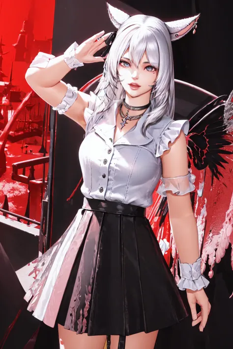 Contrast Pop Art, official art, (masterpiece, best_quality, ultra-detailed, immaculate:1.3), epic, illustration, render, volumetric lighting, welcoming, see-through gossamer,1girl,solo, animal ears,sleeveless white button shirt, black skirt, black choker, jewelry, monochrome, earrings,ahoge, solo focus, cat ears, red theme, miqo'te, army<lora:Contrastv2:0.75>