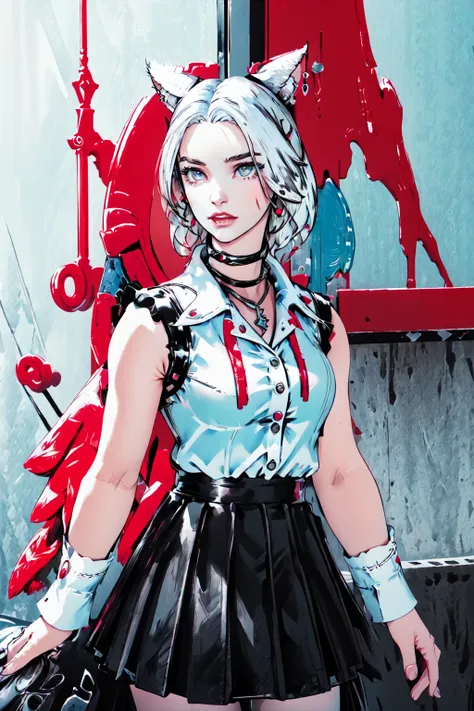 Contrast Pop Art, official art, (masterpiece, best_quality, ultra-detailed, immaculate:1.3), epic, illustration,1girl,solo, animal ears,sleeveless white button shirt, black skirt, black choker, jewelry, monochrome, earrings,ahoge, solo focus, cat ears, red theme, miqo'te, army<lora:Contrastv2:0.75>