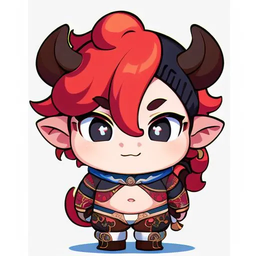 (masterpiece),(best quality),(ultra detailed ),bull\(face\),bull hones,1boy,solo, character,white background, red hair, blond tail,black eyes, navel, full body, standing, bull tail, animal ears, red ears,boots, chibi <lora:animalpeople:0.7> no humans