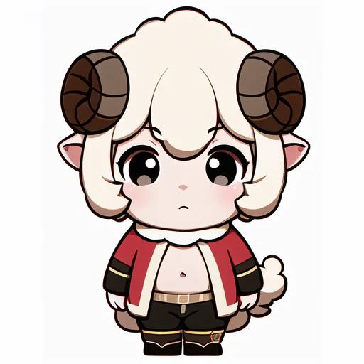 (masterpiece_1.0),(best quality_1.4),(ultra highres_1.2),sheep\(face\),sheep ears,sheep horns.1boy,solo, character,white background, blonde hair, blond tail,black eyes, navel, full body, standing, red ears,boots,menggu\(clothes\), chibi <lora:animalpeople:0.7> no humans <lora:menggu:0.4>
