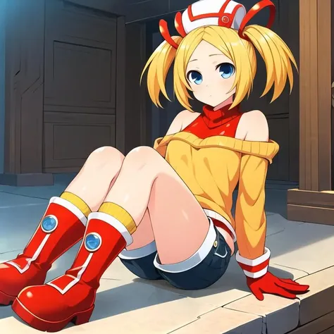 masterpiece, high quality, megamanroll, 1girl, solo, gold eyes, blonde hair, ringlets, smile, boots, yellow dress, long hair, long sleeves, :d, looking at viewer, sidelocks, skirt, boots, futuristic city, robot behind, android, large breasts,