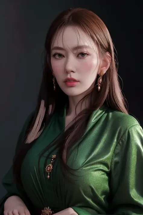 a beautiful empress portrait, black hair, perfect eyes, clothes Santa robes, everything Christmas, snow, symmetrical, dramatic studio lighting, rococo, baroque, greens, asian, hyperrealism, closeup, D&D, fantasy, intricate, elegant, highly detailed, digital painting, artstation, octane render, 8k, concept art, matte, sharp focus