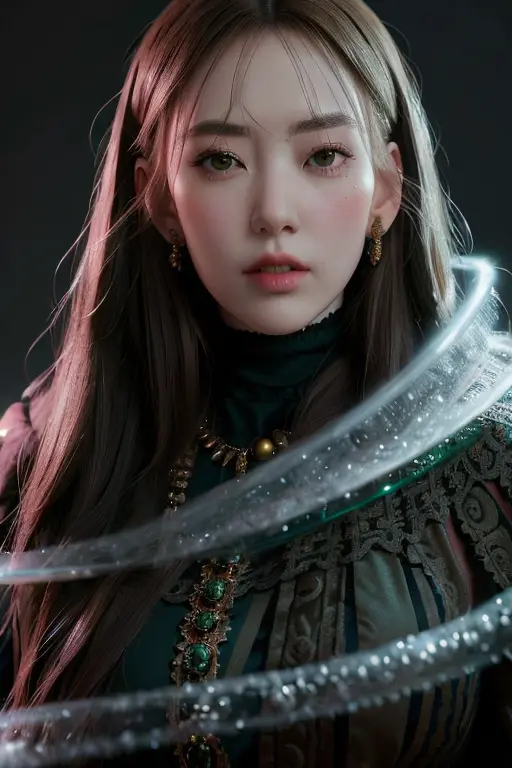 a beautiful empress portrait, black hair, perfect eyes, clothes Santa robes, everything Christmas, snow, symmetrical, dramatic studio lighting, rococo, baroque, greens, asian, hyperrealism, closeup, D&D, fantasy, intricate, elegant, highly detailed, digital painting, artstation, octane render, 8k, concept art, matte, sharp focus