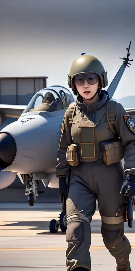 masterpiece,highres, highest quality,intricate detail,best texture,realistic,8k,soft light,perfect shadow, 
outdoor,sunny,airport,Fighter aircraft,fighter fleet,warehouse,
dajie,1girl,short hair,airforceUniform,airforce helmets,famous watch, cigar,sunglasses,thumb up,pistol on the waist,walking,