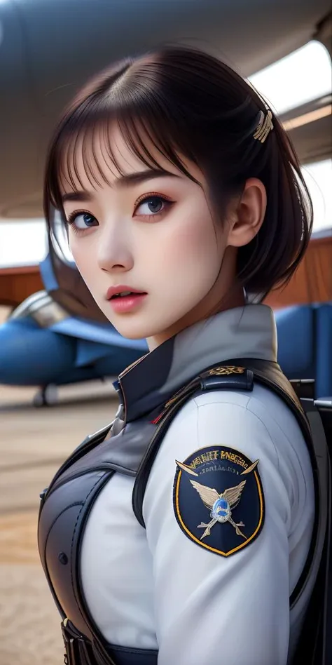 masterpiece,highres, highest quality,intricate detail,best texture,realistic,8k,soft light,perfect shadow, 
outdoor,sunny,airport,Fighter aircraft,fighter fleet,warehouse,
dajie,1girl,short hair,airforceUniform,airforce helmets,famous watch, cigar,sunglasses,thumb up,pistol on the waist,walking,