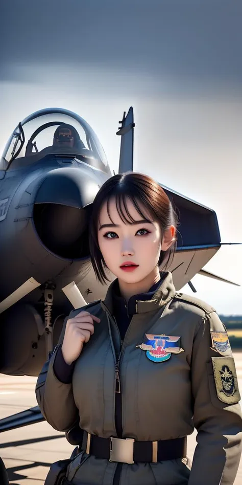 masterpiece,highres, highest quality,intricate detail,best texture,realistic,8k,soft light,perfect shadow, 
outdoor,sunny,airport,Fighter aircraft,fighter fleet,warehouse,
dajie,1girl,short hair,airforceUniform,airforce helmets,famous watch, cigar,sunglasses,thumb up,pistol on the waist,walking,