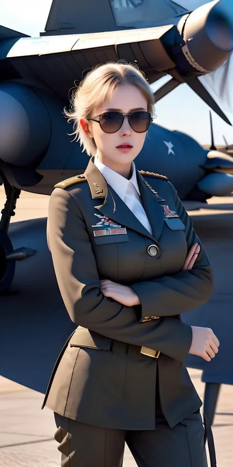 masterpiece,highres, highest quality,intricate detail,best texture,realistic,8k,soft light,perfect shadow,
outdoor,sunny,airport,Fighter aircraft,fighter fleet,warehouse,
dajie,1girl,short hair,airforceUniform,airforce helmets,famous watch, cigar,sunglasses,thumb up,pistol on the waist,walking,