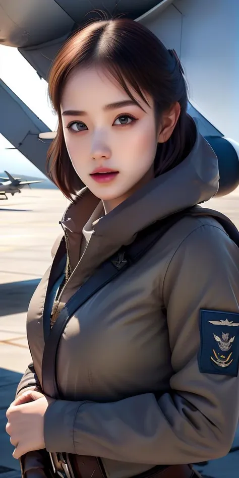 masterpiece,highres, highest quality,intricate detail,best texture,realistic,8k,soft light,perfect shadow, 
outdoor,sunny,airport,Fighter aircraft,fighter fleet,warehouse,
dajie,1girl,short hair,airforceUniform,airforce helmets,famous watch, cigar,sunglasses,thumb up,pistol on the waist,walking,