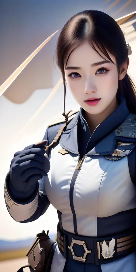 masterpiece,highres, highest quality,intricate detail,best texture,realistic,8k,soft light,perfect shadow, 
outdoor,sunny,falling leaf, air base,Fighter aircraft,fighter fleet,warehouse,
portrait,upper body,dajie,1girl,airforceUniform,famous watch, cigar,sunglasses,thumb up,pistol on the waist,walking, <lora:airforceUniform_v20:0.5>