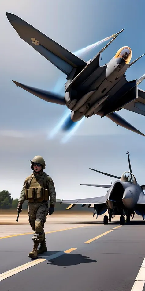 masterpiece,highres, highest quality,intricate detail,best texture,realistic,8k,soft light,perfect shadow,
outdoor,sunny,airport,Fighter aircraft,fighter fleet,warehouse,Radar, command tower,
dajie,1girl,short hair,airforceUniform,airforce helmets,,sunglasses,thumb up,pistol on the waist,walking, board,Flight, maintenance,ground service,