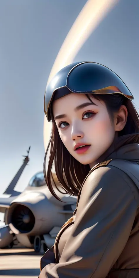 masterpiece,highres, highest quality,intricate detail,best texture,realistic,8k,soft light,perfect shadow, 
outdoor,sunny,airport,Fighter aircraft,fighter fleet,warehouse,Radar, command tower,
dajie,1girl,short hair,airforceUniform,airforce helmets,,sunglasses,thumb up,pistol on the waist,walking, board,Flight, maintenance,ground service,