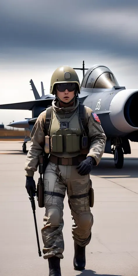 masterpiece,highres, highest quality,intricate detail,best texture,realistic,8k,soft light,perfect shadow, 
outdoor,sunny,airport,Fighter aircraft,fighter fleet,warehouse,Radar, command tower,
dajie,1girl,short hair,airforceUniform,airforce helmets,,sunglasses,thumb up,pistol on the waist,walking, board,Flight, maintenance,ground service,