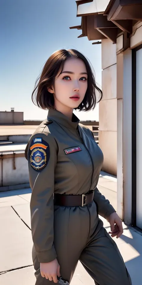 masterpiece,highres, highest quality,intricate detail,best texture,realistic,8k,soft light,perfect shadow,
outdoor,sunny,airport,Fighter aircraft,fighter fleet,warehouse,Radar, command tower,
dajie,1girl,short hair,airforceUniform,airforce helmets,,sunglasses,thumb up,pistol on the waist,walking, board,Flight, maintenance,ground service,