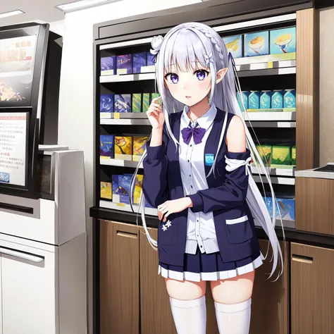 (masterpiece, best quality), intricate details,
1girl, <lora:rezeroemilia-lora-nochekaiser:0.8> emilia, braid, crown braid, flower, hair flower, hair ornament, hair ribbon, long hair, pointy ears, (purple eyes:1.2), white hair, x hair ornament,, detached collar, detached sleeves, frilled sleeves, frills, long sleeves, miniskirt, pleated skirt, ribbon, skirt, thighhighs, white skirt, white sleeves, white thighhighs, wide sleeves, zettai ryouiki, alternate costume, cardigan, open cardigan, open clothes, sailor collar, school uniform, scrunchie, serafuku, sleeves past elbows, wrist scrunchie,
<lora:LAWSON_scenery_SD15_V2:0.8> konbini, scenery, shop, indoors,, LAWSONU,