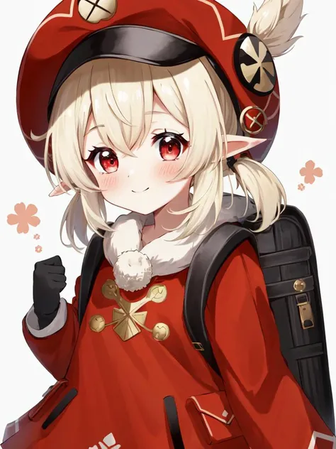 Klee GenshinImpact, <lora:klee:0.4> 1girl, kawaii petit, blond hair shiny hair, low twintail, red eyes, skindantation smile blush cabbie hat, white shorts, long sleeves, pointy ears, red dress, backpack, red headwear, brown gloves