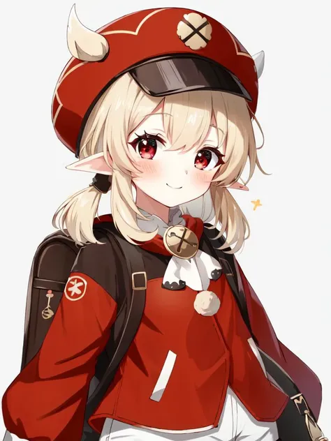 Klee GenshinImpact, <lora:klee:0.4> 1girl, kawaii petit, blond hair shiny hair, low twintail, red eyes, skindantation smile blush cabbie hat, white shorts, long sleeves, pointy ears, red dress, backpack, red headwear, brown gloves