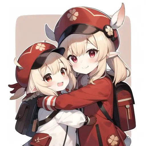 masterpiece, best quality,
<lora:klee:0.35> , Klee GenshinImpact, kawaii petit, blond hair shiny hair, low twintail, red eyes, skindantation smile blush cabbie hat, white shorts, long sleeves, pointy ears, red dress, backpack, red headwear, brown gloves,hug